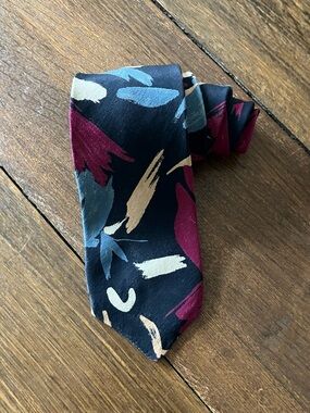 Vintage Lanvin Navy Tie with Burgundy, Light Blue and Cream Brushstroke Pattern